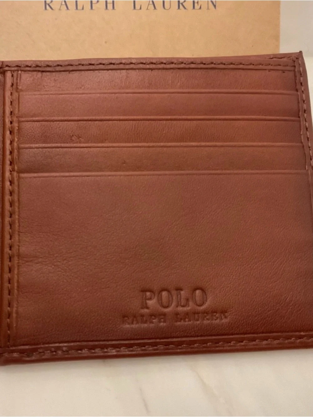 NIB Polo Ralph Lauren Brown FLAG SWEATER BEAR Leather Double Billfold Wallet